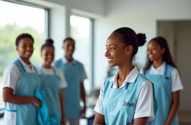 Professional cleaning team in a modern office, symbolizing Regal Cleanse NG's mission.